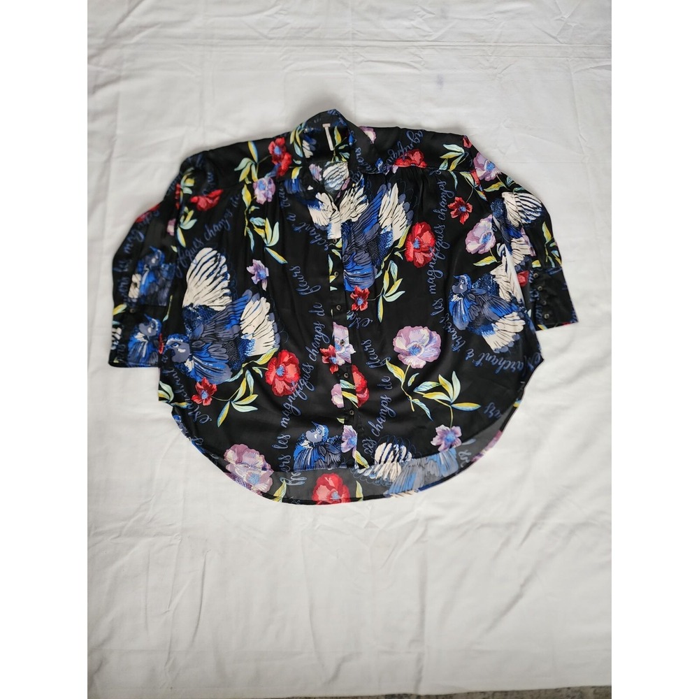 Free People Women's Black Multicolor Floral Silky Nights Blouse Size XS/TP - Picture 2 of 12